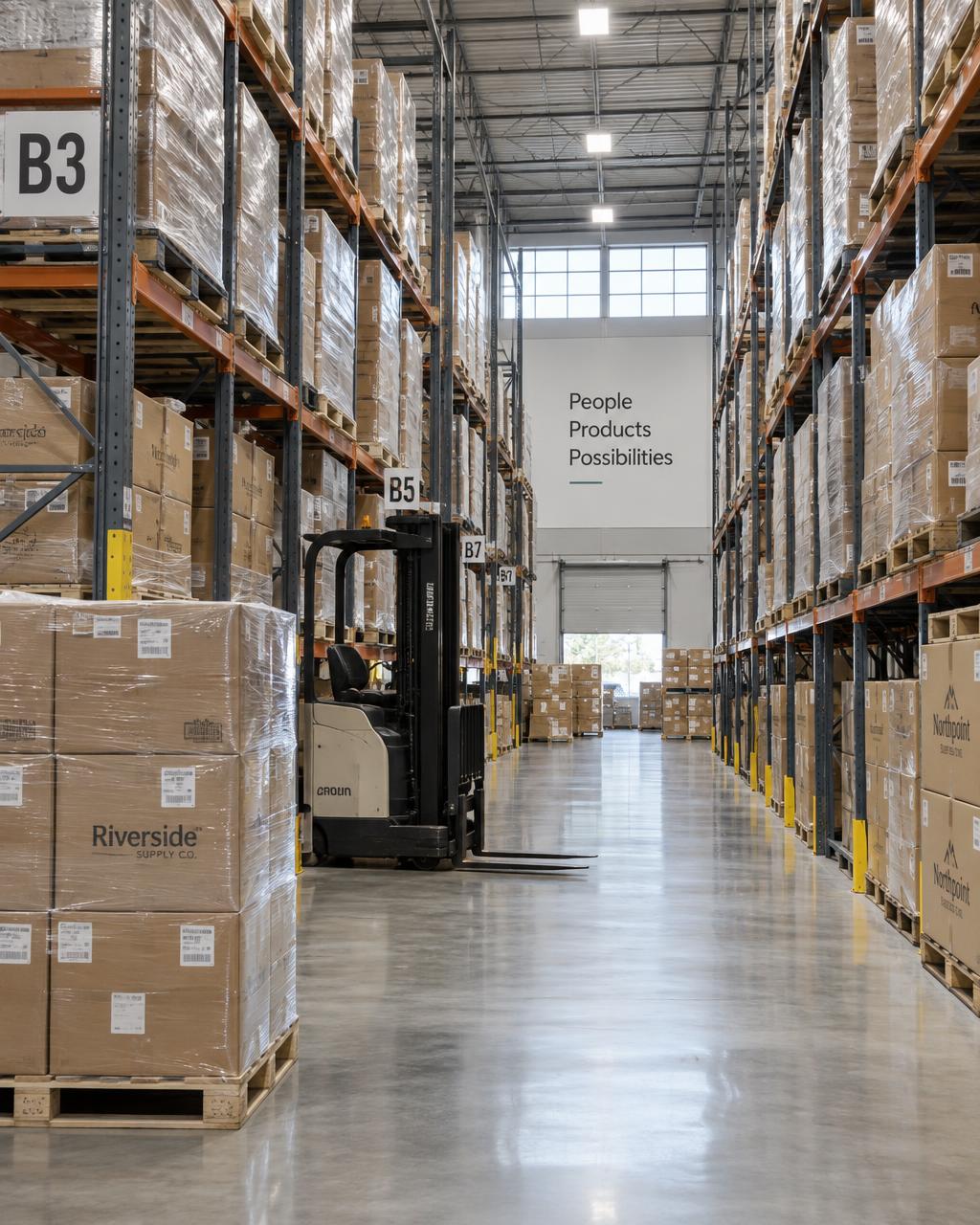 Wholesale distribution warehouse aisle with tall pallet racking stacked with cartons